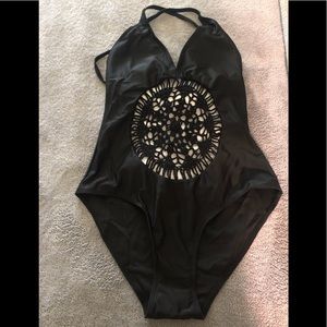 Black one piece swimsuit with crochet center